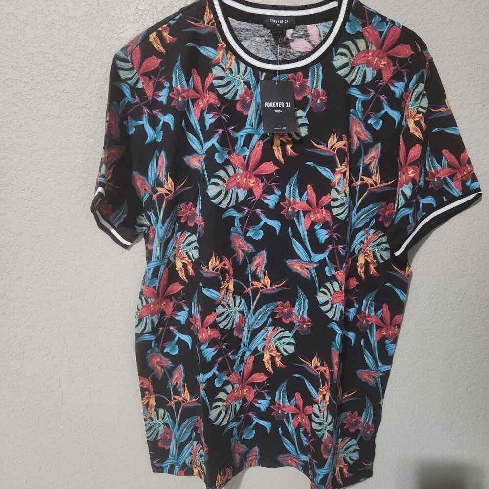 Forever 21 Mens Black Tropical Floral Print T-Shirt With White Trim Ribbed Y2K